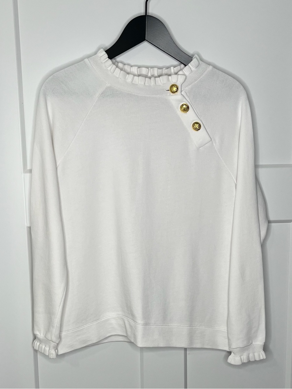 Talbots White Ruffle Neck Trim Gold Button Detail Sweater NWT Size Petite Medium